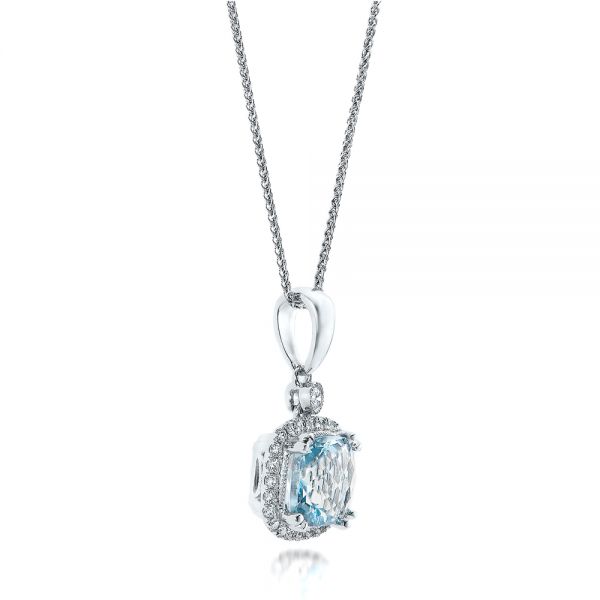 14k White Gold Aquamarine And Diamond Halo Pendant - Flat View - 101014