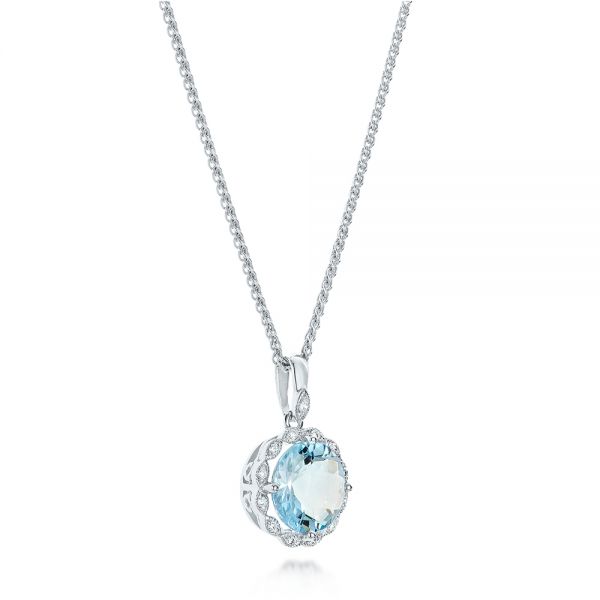 18k White Gold 18k White Gold Aquamarine And Diamond Halo Pendant - Flat View -  101941