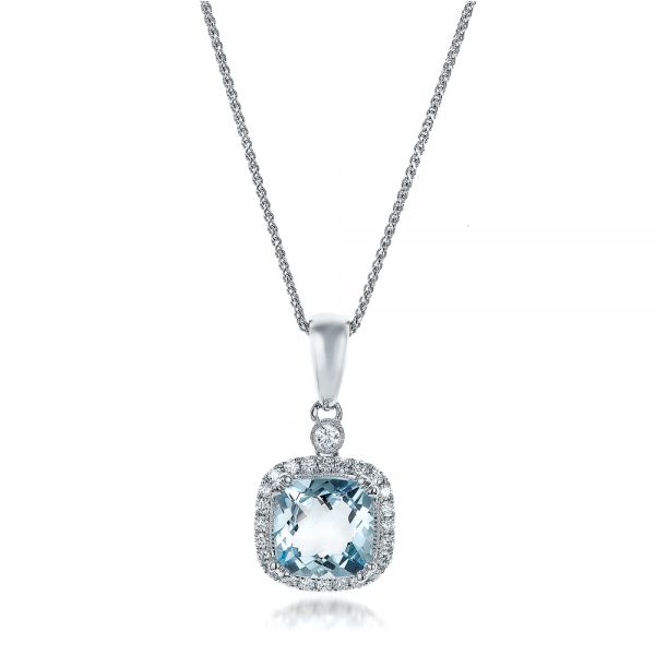 14k White Gold Aquamarine And Diamond Halo Pendant - Three-Quarter View - 101014
