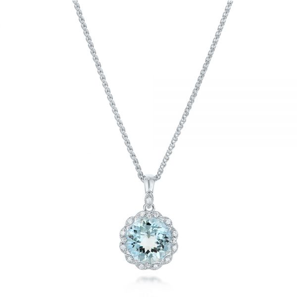 14k White Gold 14k White Gold Aquamarine And Diamond Halo Pendant - Three-Quarter View -  101941