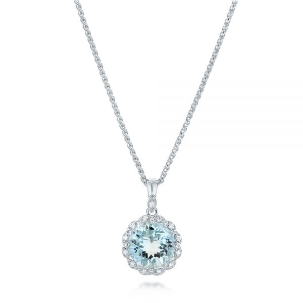 18k White Gold 18k White Gold Aquamarine And Diamond Halo Pendant - Three-Quarter View -  101941