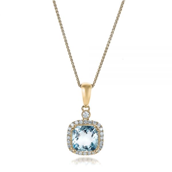 14k Yellow Gold 14k Yellow Gold Aquamarine And Diamond Halo Pendant - Three-Quarter View -  101014