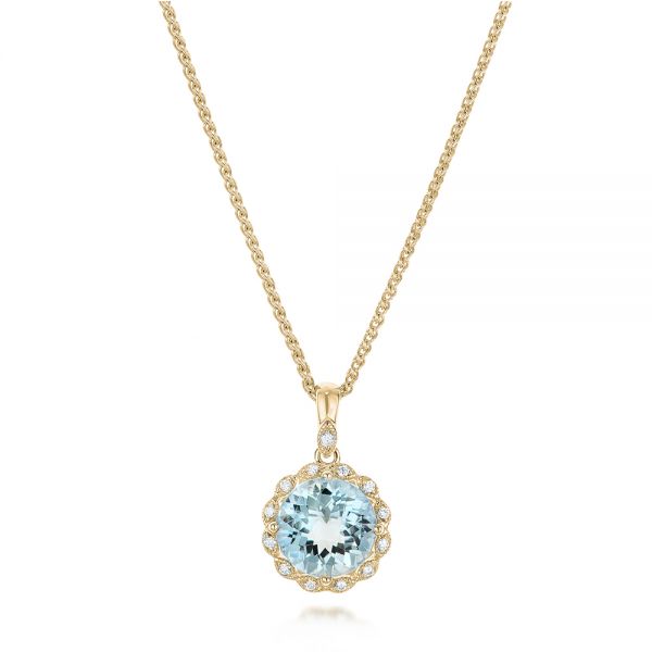 14k Yellow Gold 14k Yellow Gold Aquamarine And Diamond Halo Pendant - Three-Quarter View - 101941