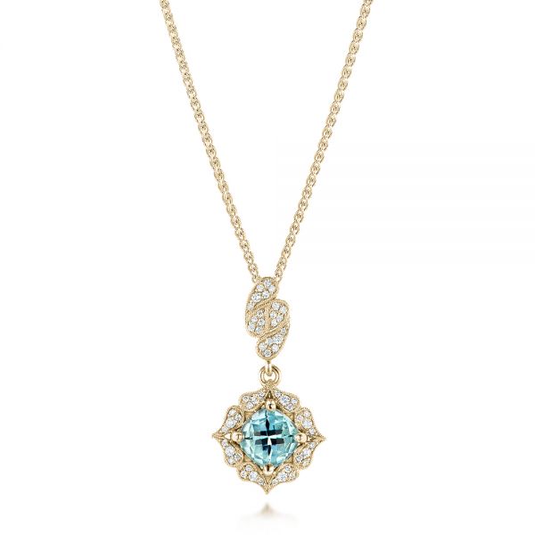 18k Yellow Gold 18k Yellow Gold Aquamarine And Diamond Halo Pendant - Three-Quarter View -  103541