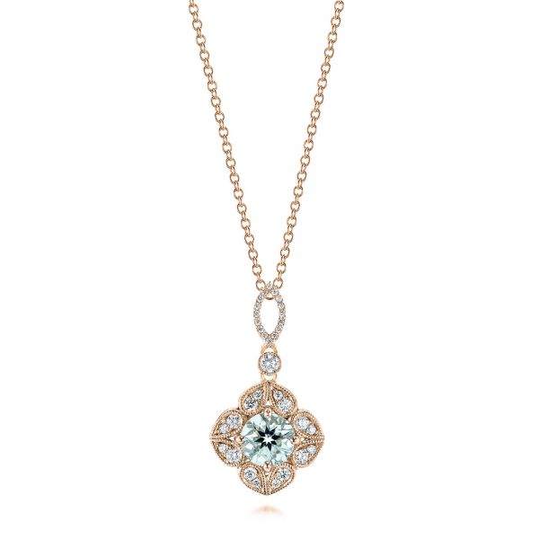 18k Rose Gold 18k Rose Gold Aquamarine And Diamond Pendant - Three-Quarter View -  103749