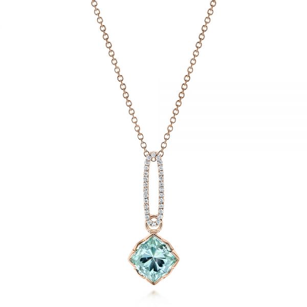 18k Rose Gold 18k Rose Gold Aquamarine And Diamond Pendant - Three-Quarter View -  106157