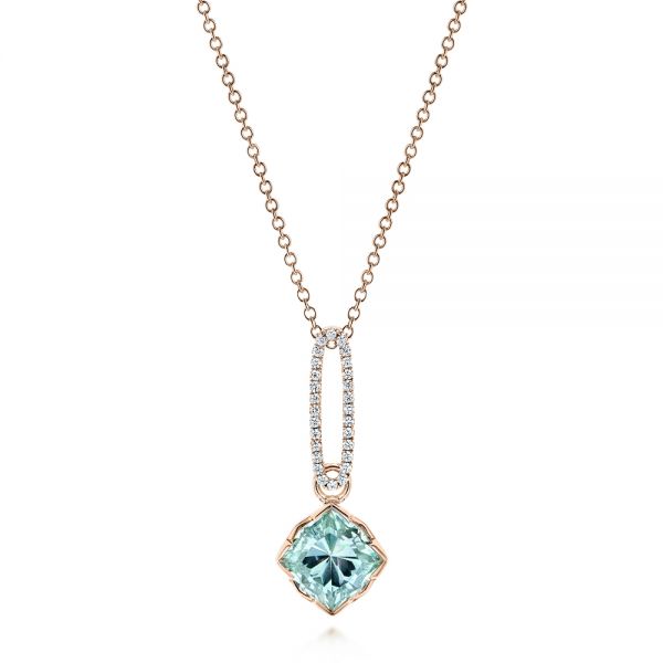 14k Rose Gold 14k Rose Gold Aquamarine And Diamond Pendant - Three-Quarter View -  106157