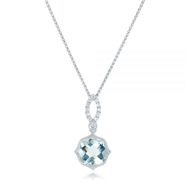 14k White Gold Aquamarine And Diamond Pendant - Three-Quarter View - 102512