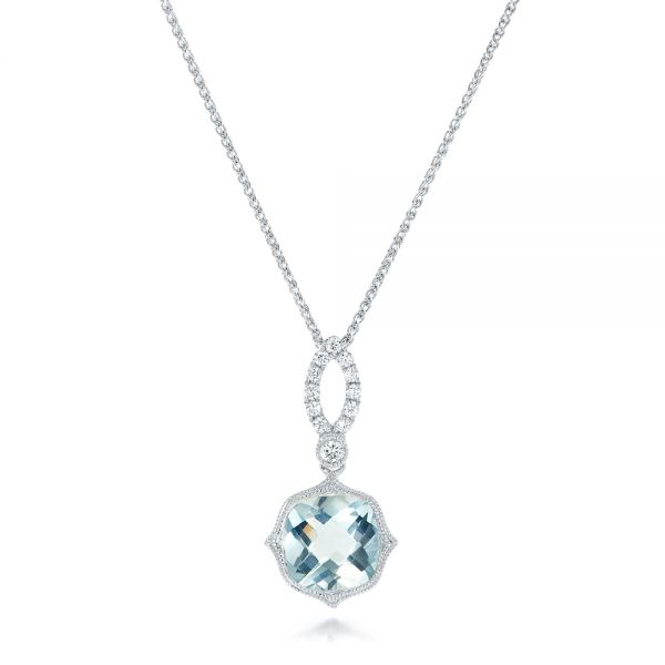 14k White Gold Aquamarine And Diamond Pendant - Three-Quarter View -  102512