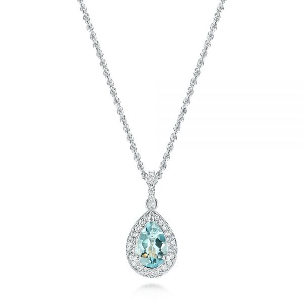 14k White Gold Aquamarine And Diamond Pendant - Three-Quarter View -  103772