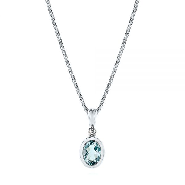 14k White Gold Aquamarine And Diamond Pendant - Three-Quarter View -  106057