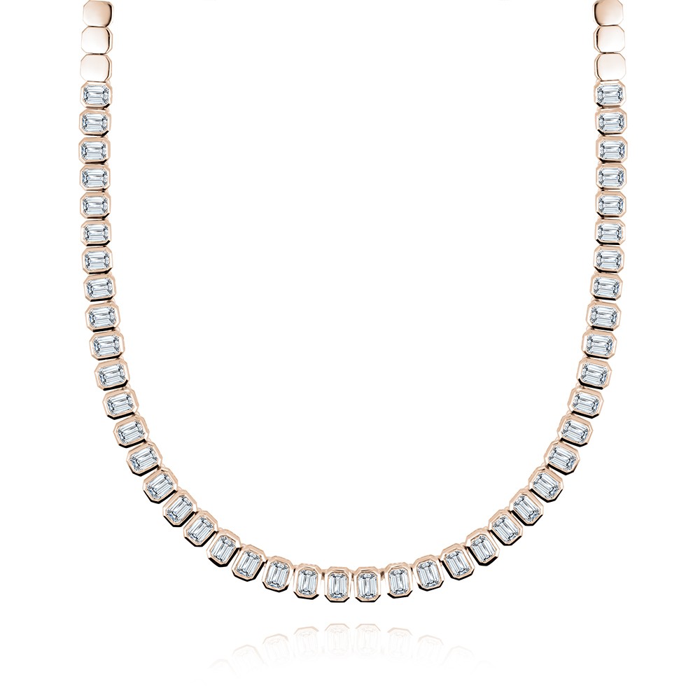 14k Rose Gold 14k Rose Gold Bezel Set Emerald Diamond Tennis Necklace - Three-Quarter View -  108156 - Thumbnail