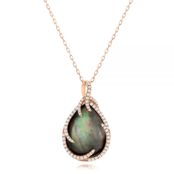 14k Rose Gold Black Mother Of Pearl And Diamond Luna Fire Pendant - Three-Quarter View -  102499