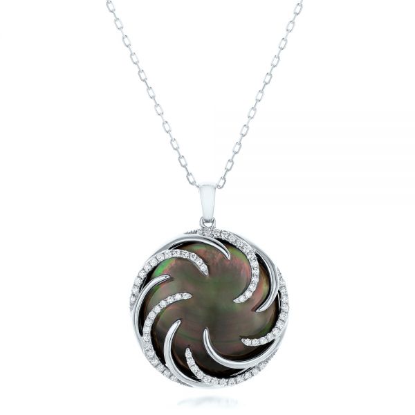 14k White Gold 14k White Gold Black Mother Of Pearl And Diamond Luna Fire Pendant - Three-Quarter View -  102497