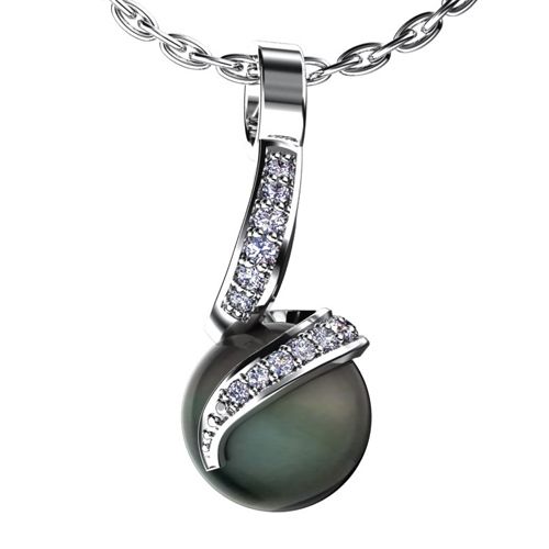 14k White Gold Black Pearl And Diamond Pendant - Flat View -  966