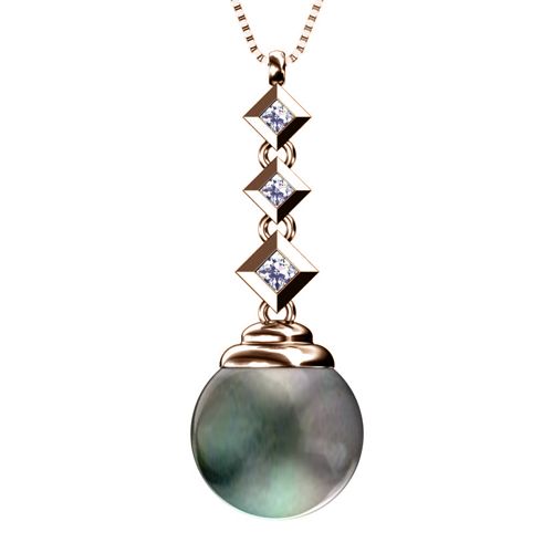18k Rose Gold 18k Rose Gold Black Pearl And Princess Cut Diamond Pendant - Flat View - 970