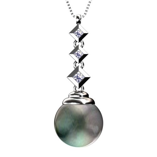 14k White Gold Black Pearl And Princess Cut Diamond Pendant - Flat View - 970