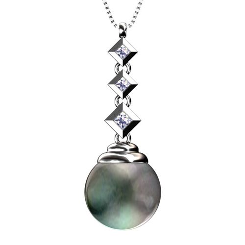 18k White Gold 18k White Gold Black Pearl And Princess Cut Diamond Pendant - Flat View -  970