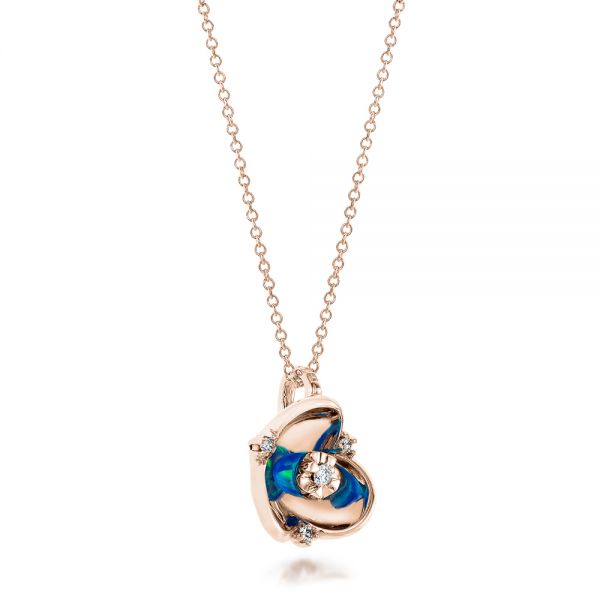 14k Rose Gold 14k Rose Gold Blue Opal And Diamond Flower Pendant - Flat View -  101961