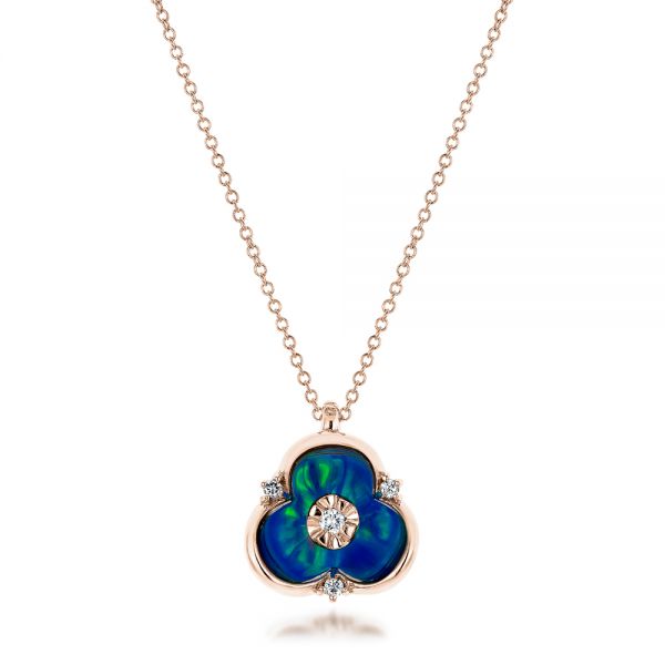 18k Rose Gold 18k Rose Gold Blue Opal And Diamond Flower Pendant - Three-Quarter View -  101961
