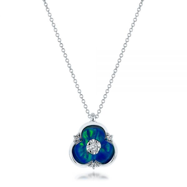  Platinum Platinum Blue Opal And Diamond Flower Pendant - Three-Quarter View -  101961