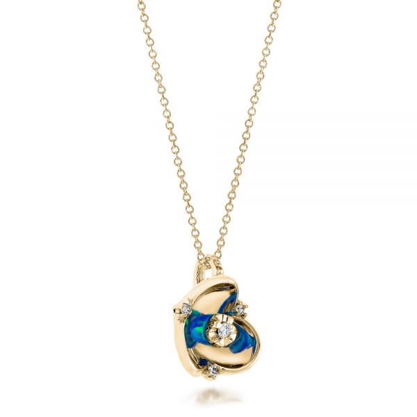 14k Yellow Gold 14k Yellow Gold Blue Opal And Diamond Flower Pendant - Flat View - 101961