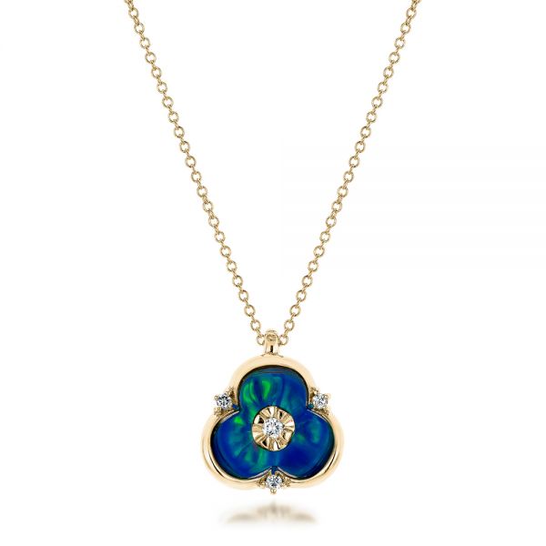 14k Yellow Gold 14k Yellow Gold Blue Opal And Diamond Flower Pendant - Three-Quarter View - 101961