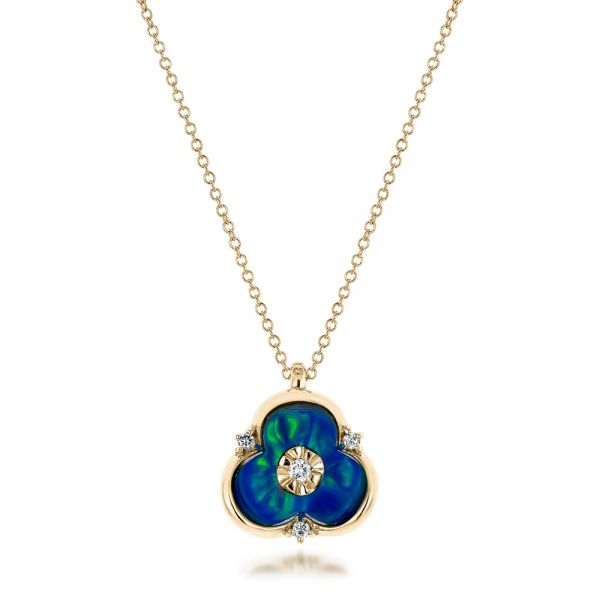 14k Yellow Gold 14k Yellow Gold Blue Opal And Diamond Flower Pendant - Three-Quarter View -  101961