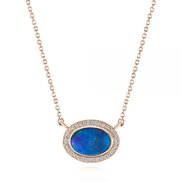 18k Rose Gold 18k Rose Gold Blue Oval Opal And Diamond Pendant - Three-Quarter View -  104992