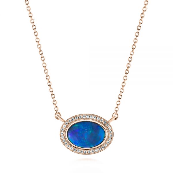 14k Rose Gold 14k Rose Gold Blue Oval Opal And Diamond Pendant - Three-Quarter View -  104992