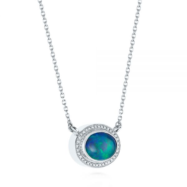 18k White Gold 18k White Gold Blue Oval Opal And Diamond Pendant - Flat View -  104992