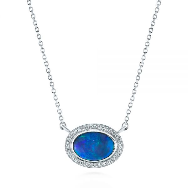 18k White Gold 18k White Gold Blue Oval Opal And Diamond Pendant - Three-Quarter View -  104992