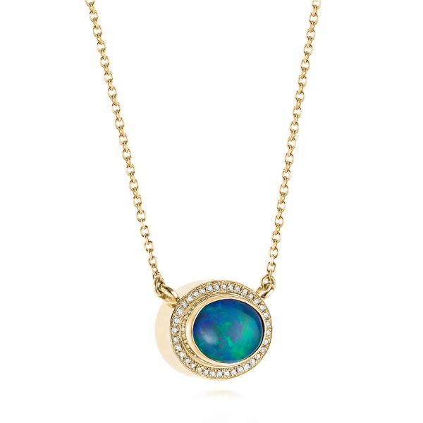 18k Yellow Gold 18k Yellow Gold Blue Oval Opal And Diamond Pendant - Flat View - 104992