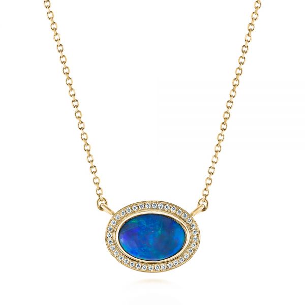 18k Yellow Gold 18k Yellow Gold Blue Oval Opal And Diamond Pendant - Three-Quarter View -  104992