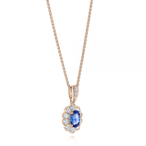 14k Rose Gold 14k Rose Gold Blue Sapphire And Diamond Floral Pendant - Front View -  103743