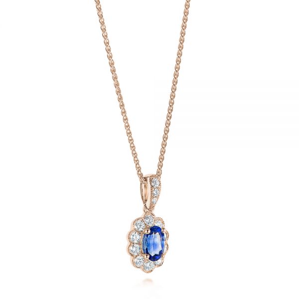 18k Rose Gold 18k Rose Gold Blue Sapphire And Diamond Floral Pendant - Front View -  103743