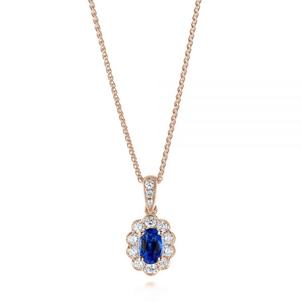 14k Rose Gold 14k Rose Gold Blue Sapphire And Diamond Floral Pendant - Three-Quarter View -  103743