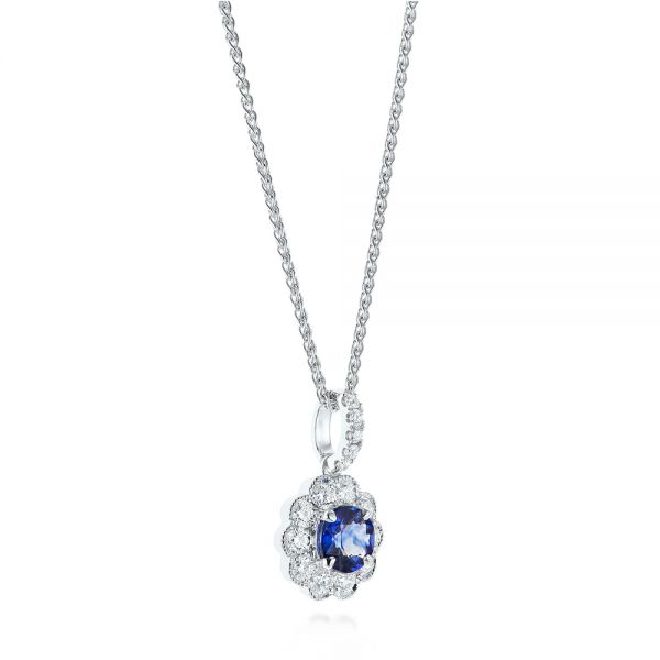 14K Gold Blue Sapphire And Diamond Floral Pendant - Front View - 103744