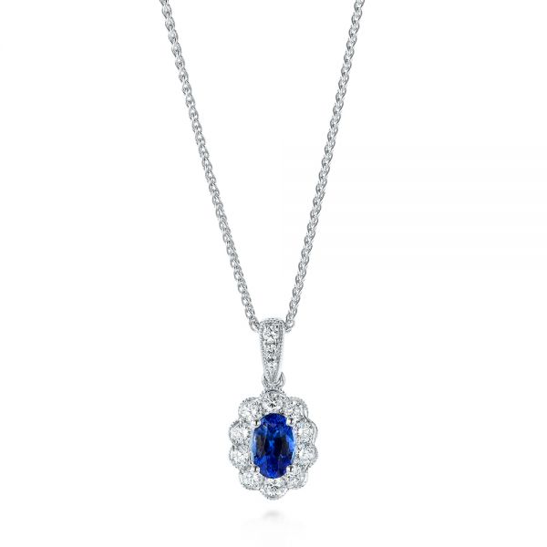 18k White Gold 18k White Gold Blue Sapphire And Diamond Floral Pendant - Three-Quarter View -  103743