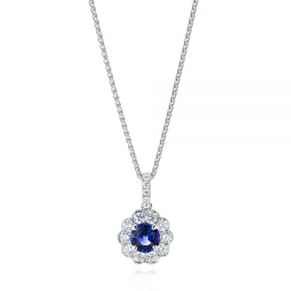 Blue Sapphire and Diamond Floral Pendant - Image