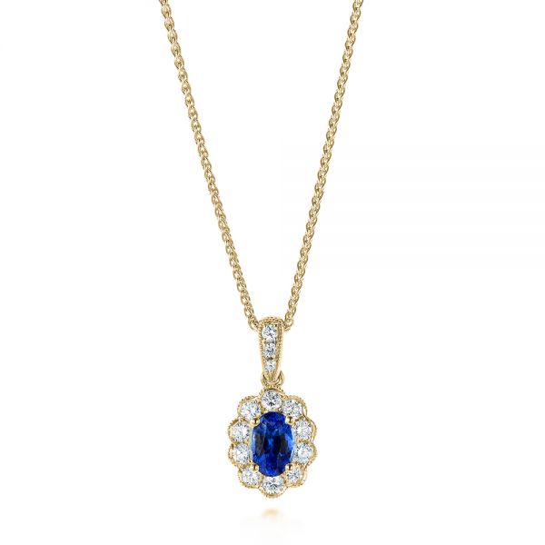 14k Yellow Gold 14k Yellow Gold Blue Sapphire And Diamond Floral Pendant - Three-Quarter View -  103743