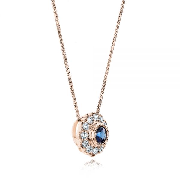 18k Rose Gold 18k Rose Gold Blue Sapphire And Diamond Halo Pendant - Flat View -  100979