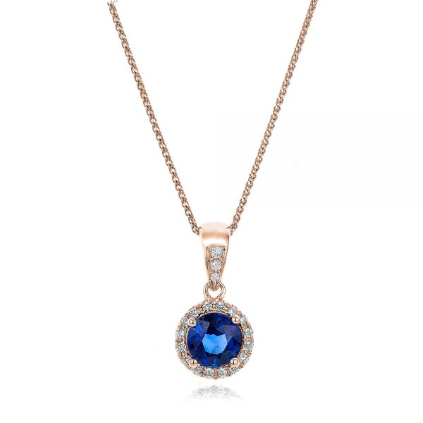 14k Rose Gold 14k Rose Gold Blue Sapphire And Diamond Halo Pendant - Three-Quarter View -  100977