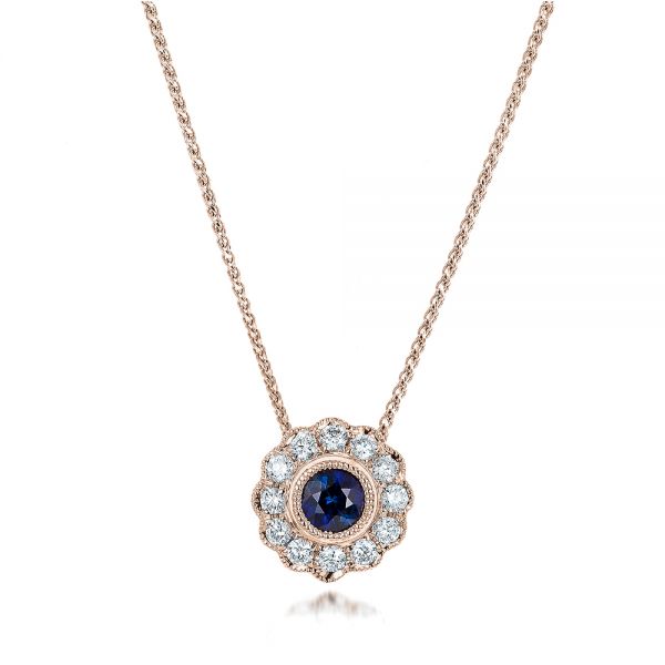 14k Rose Gold 14k Rose Gold Blue Sapphire And Diamond Halo Pendant - Three-Quarter View - 100979