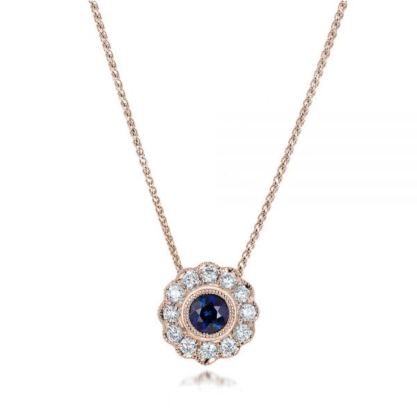 18k Rose Gold 18k Rose Gold Blue Sapphire And Diamond Halo Pendant - Three-Quarter View -  100979