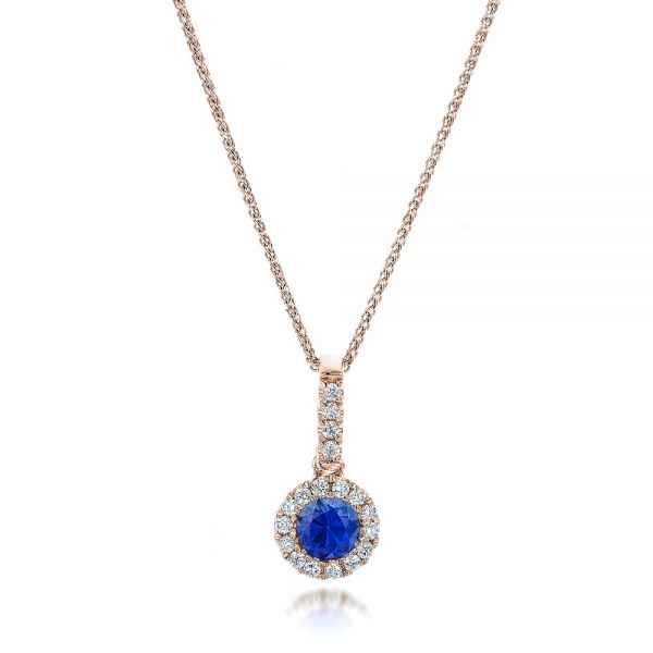 18k Rose Gold 18k Rose Gold Blue Sapphire And Diamond Halo Pendant - Three-Quarter View -  100980
