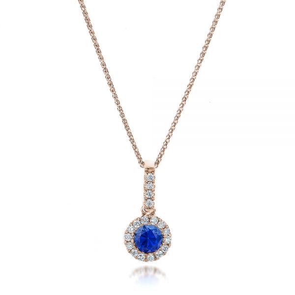 14k Rose Gold 14k Rose Gold Blue Sapphire And Diamond Halo Pendant - Three-Quarter View -  100980