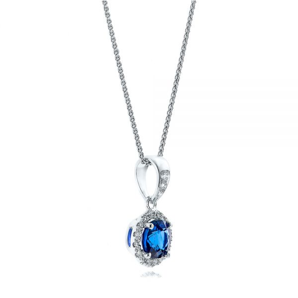 14k White Gold Blue Sapphire And Diamond Halo Pendant - Flat View - 100977