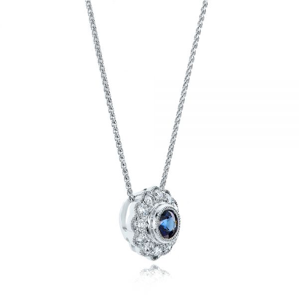 14k White Gold Blue Sapphire And Diamond Halo Pendant - Flat View -  100979