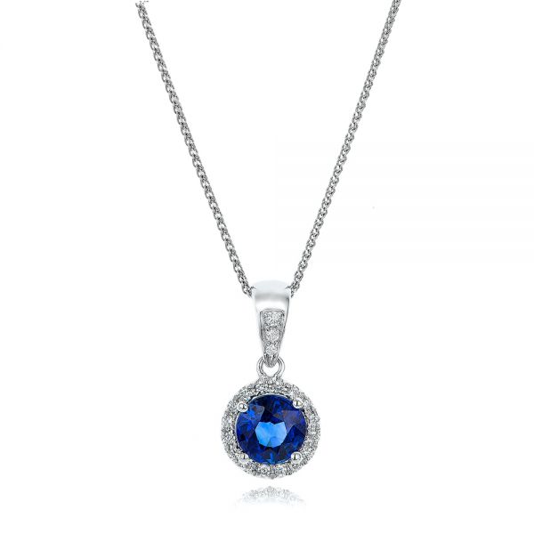 14k White Gold Blue Sapphire And Diamond Halo Pendant - Three-Quarter View -  100977